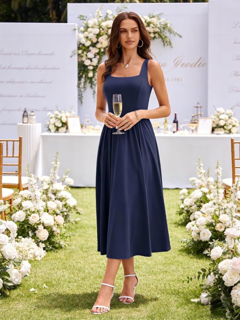 Spring Midi Dress for Women - Square Neck, Sleeveless, A-Line, Casual Sundress - Picture 4 of 7